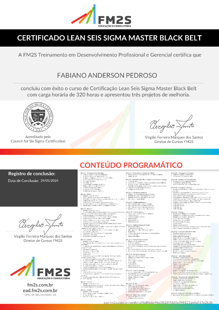 7255 geodir mentor mbb upload Certificado FM2S Fabiano Pedroso Certificação Lean Seis Sigma Master Black Belt